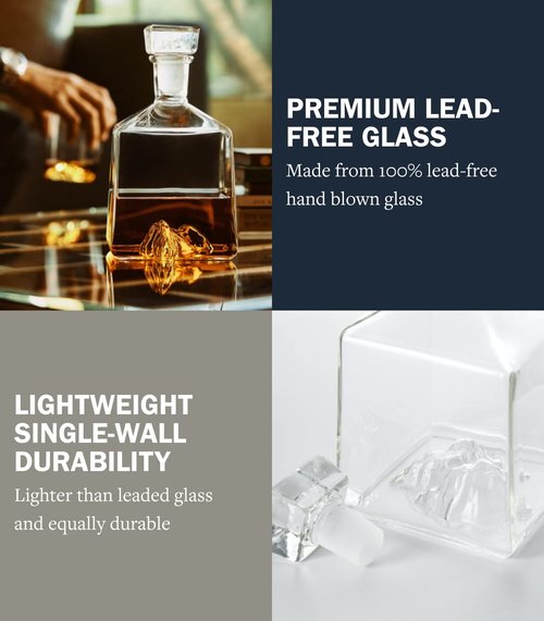 Huckberry Whiskey Peaks Denali Decanter, 54 oz, Glassblown, Lead-Free Crystal with Stopper