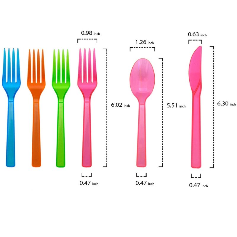 Party Essentials Hard Plastic Cutlery Combo Pack, 144 Pieces/48 Place Settings, Assorted Neon Brights