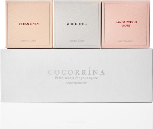 COCORRÍNA Scented Sachet Set - 3-Pack Sandalwood Rose, Clean Linen, White Lotus | Car Air Freshener Gift Set