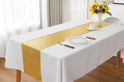 10 Pack Sequin Gold Table Runners 12 x 108 Inches Glitter Golden Table Runner for Party Wedding Birthday Engagement Banquet Meeting Anniversary Christmas Dining Room Decoration