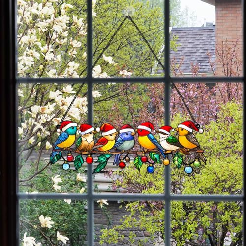 Christmas Bird Window Decor with 6 Cardinal Ornaments - Metal Wall Hanging for Holiday Home & Garden