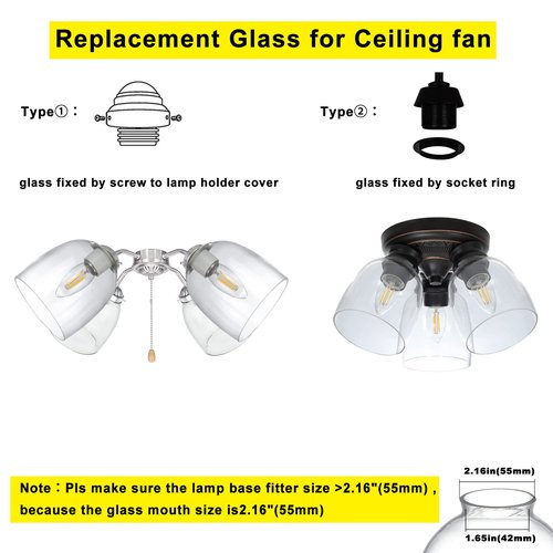 Clear Glass Shades Replacement for Ceiling Fan 4 Pack, Ceiling Fan Light Covers Replacement for Light Fixtures Vanity Pendant Lighting Chandeliers, 2-1/8" Fitter, 4.76 inch Diameter