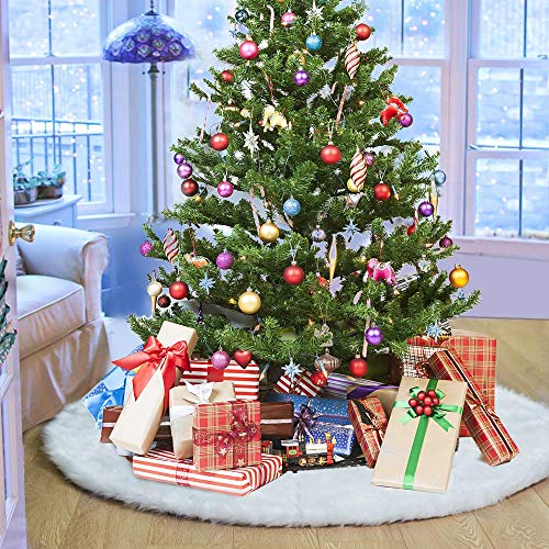 48-Inch White Faux Fur Christmas Tree Skirt - Soft Plush Holiday Decor