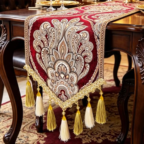 HeMiaor Red French Manor Burgundy Paisley Jacquard Christmas Table Runner 94 Inch