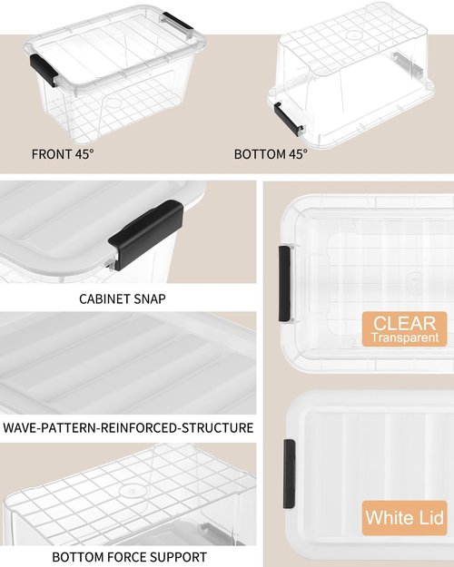 EOENVIVS Plastic Storage Bins - 7 Quart Stackable Containers with Lids & Black Buckle Latch | 6 Pack, Clear