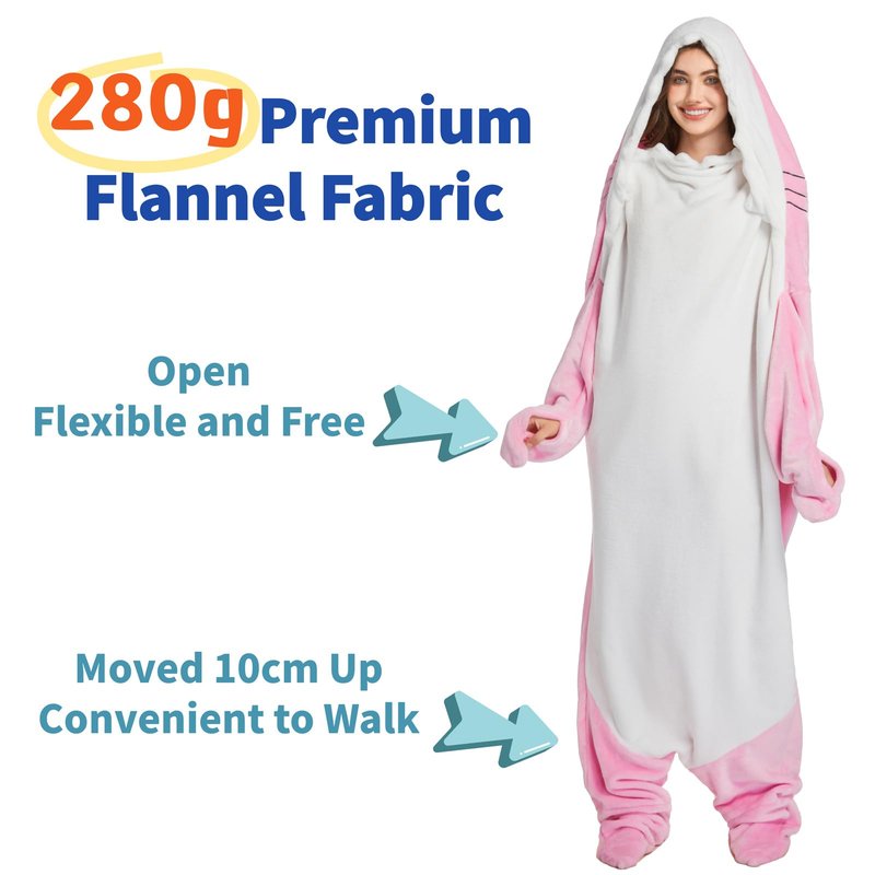 Shark Blanket Hoodie Onesie for Adult Kids, Cozy Flannel Throw Wearable Blanket, Cartoon Animals Shark Onesie Shark Costume (Pink, X-Large)