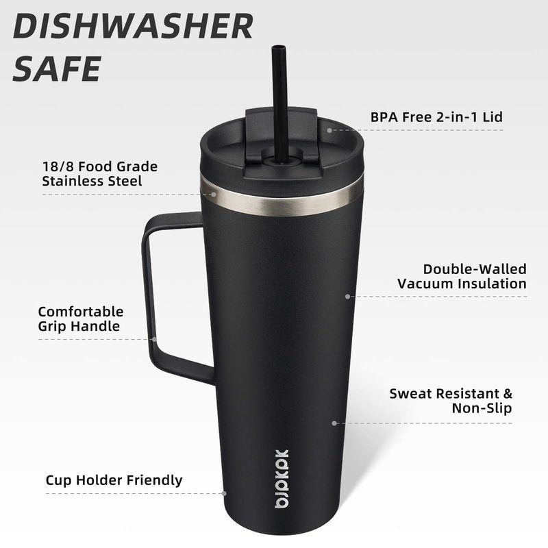 BJPKPK Insulated Tumbler with Handle, 26oz Insulated Tumblers with Lid and Straw, Stainless Steel Metal Water Bottles, Coffee Travel Mugs, Cups, Black