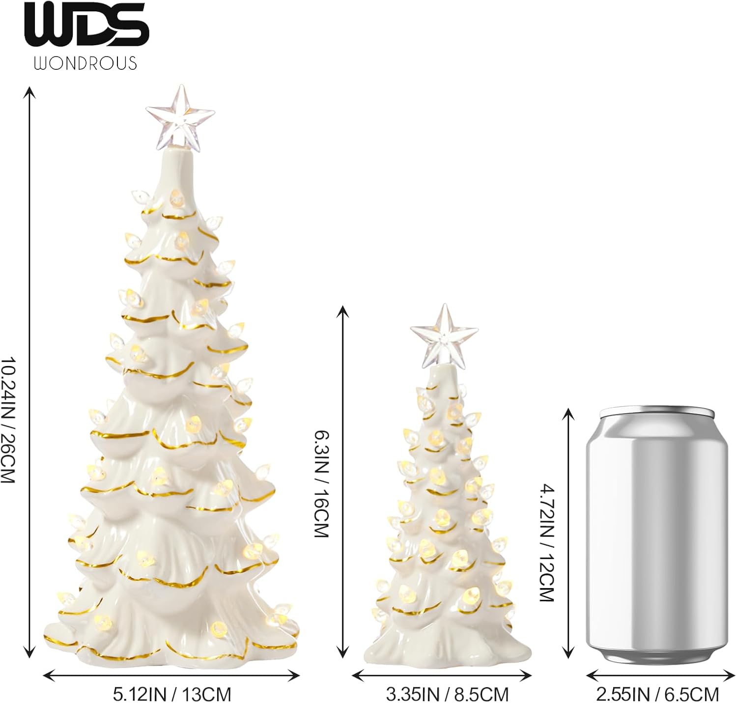WDS WONDROUS Ceramic Christmas Tree Tabletop - Prelit White & Gold Accents | 2 Small Xmas Tree Figurines