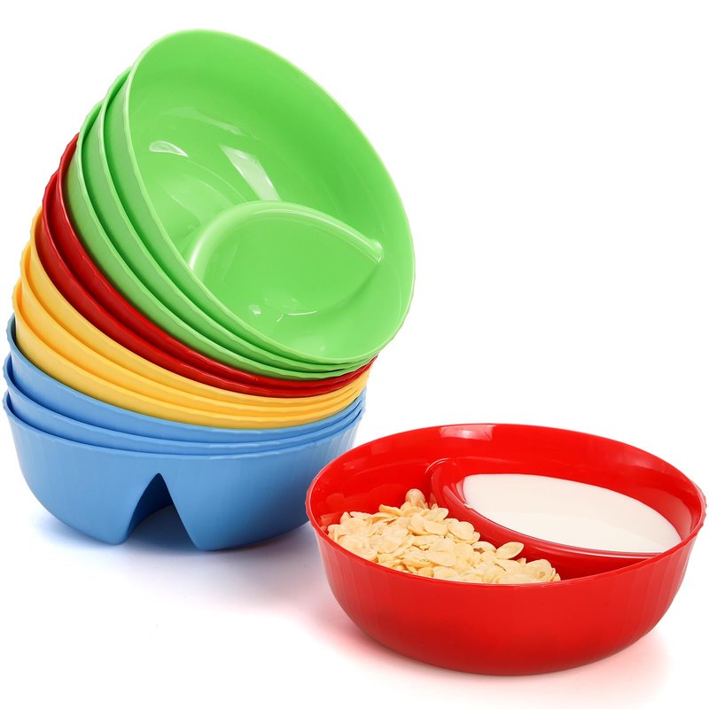 Okllen Set of 12 Anti-soggy Cereal Bowls, Plastic Divided Bowl for Chip and Dip, Separated Snack Bowl Sauce Dipping Dish for Ice Cream, Yogurt and Berries, 4 Colors