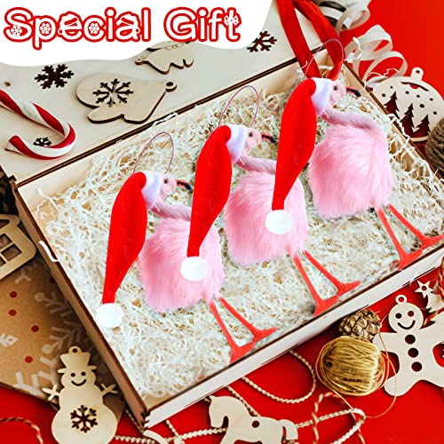 Jexine 3 Pack Pink Flamingo Christmas Ornaments - Plush Santa Hat Xmas Tree Decor