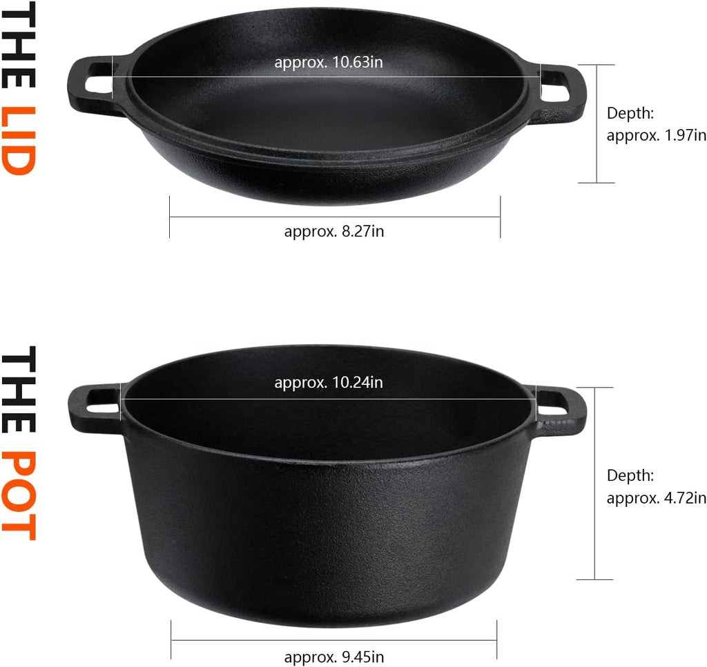 Overmont 5QT Cast Iron Dutch Oven - Pre-Seasoned All-in-One Casserole & Skillet Lid with Silicone Handle Covers