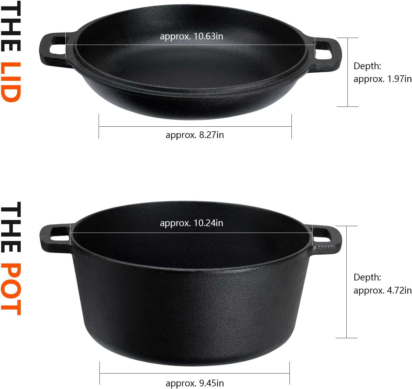 Overmont 5QT Cast Iron Dutch Oven - Pre-Seasoned All-in-One Casserole & Skillet Lid with Silicone Handle Covers