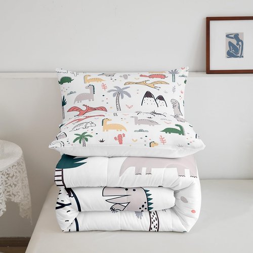 Feelyou Baby Dinosaur Comforter Kids Cartoon Dinosaurs Bedding Set Nursery Dino Comforter Set for Children Boys Girls Jungle Animals Pattern Microfiber Duvet Set Room Decor Quilt Set Twin Size