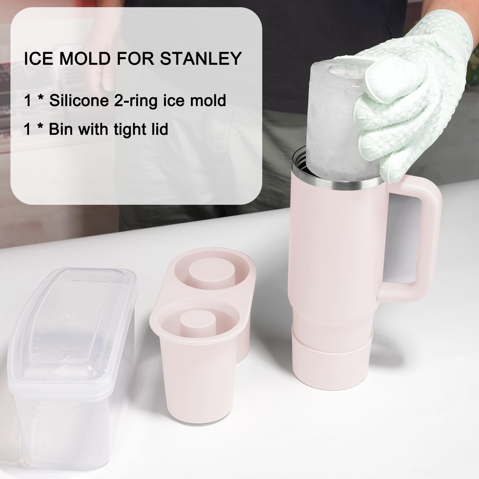 Ice Mold for Stanley Cup, Silicone Ice Cube Tray for Stanley Cup 30oz-40oz, Tumbler Ice Mold with Lid and Bin, Easy Release Cylinder Ice Cube Mold, 1 Pack, Rose Quartz