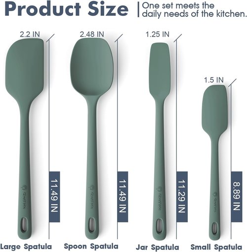 ChefAide Silicone Spatula Set - 4 Pieces, Ergonomic Heat-Resistant Rubber for Nonstick Cookware