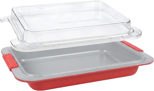 9x13 Nonstick Baking Pan with Lid - Heavy Duty, Deep Cake Pan for RV & Convection Oven | Coral Red