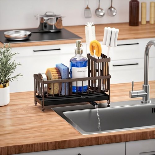 Cisily Kitchen Sink Caddy Organizer - Rustproof 304 Stainless Steel Sponge Holder | Brown Color