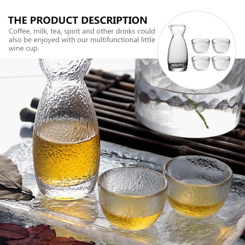 Japanese Sake Set with Hammered Glass Pot & 4 Cups - Elegant Drinkware
