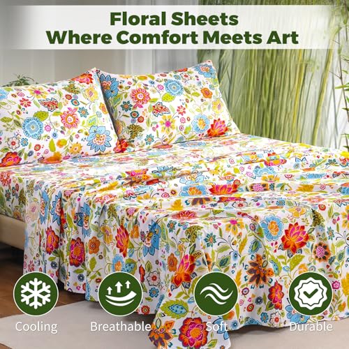 Bedlifes King Floral 4-Piece Sheet Set - Cooling Sheets Blend Rayon