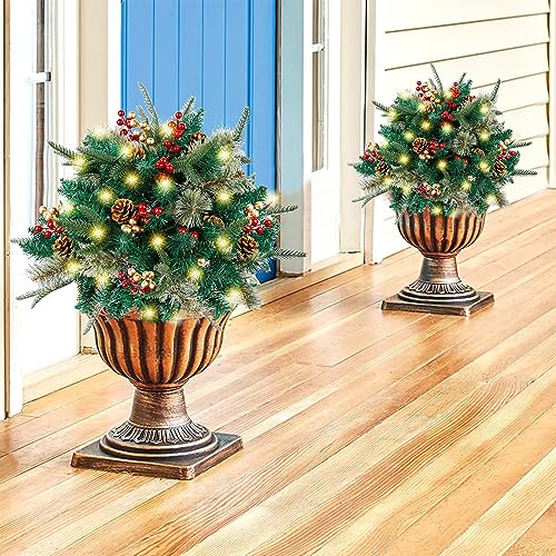 Glintoper Color A Lighted Artificial Christmas Urn Filler with Pre-lit Pine Trees & Berries