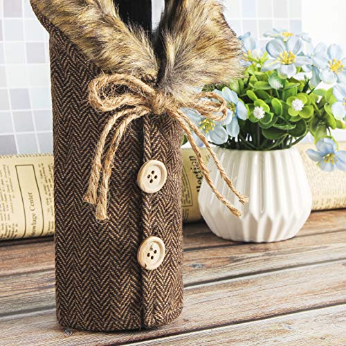 Festanlee Tanlee 4 Pieces Christmas Wine Bottle Covers with Faux Fur Collar & Button Coat - 9.5"