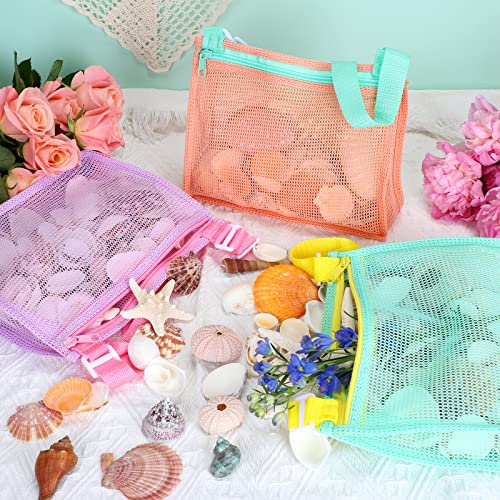 Kids Mesh Beach Bags for Shell Collecting - Adjustable Sand Toy Bags, Set of 3
