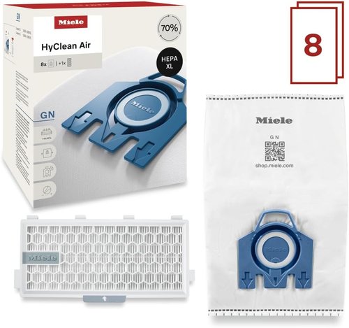 Miele Genuine AirClean GN Vacuum Cleaner Bags - 8 Allergy XL Bags Plus 1 HEPA Filter for C2 & C3