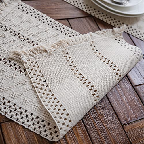 Macrame Table Runner, 12x71 Inch Boho Woven Cotton with Tassels