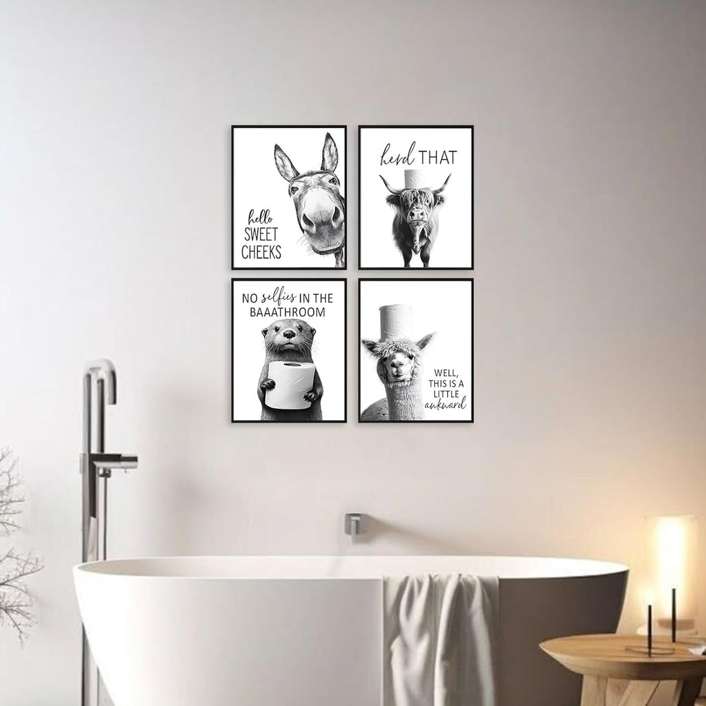 Regine Switzerland Funny Bathroom Wall Art - Rustic Black and White Animal Prints | Unframed 8x10" Set of 4