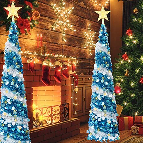 Vinelftage Blue Pop-Up Artificial Christmas Tree 5ft with 100 LED Lights & Star Topper