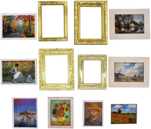 iLAND Miniature Dollhouse Accessories - 1:12 Scale Furniture & Classic Paintings Set (4 Golden Frames)