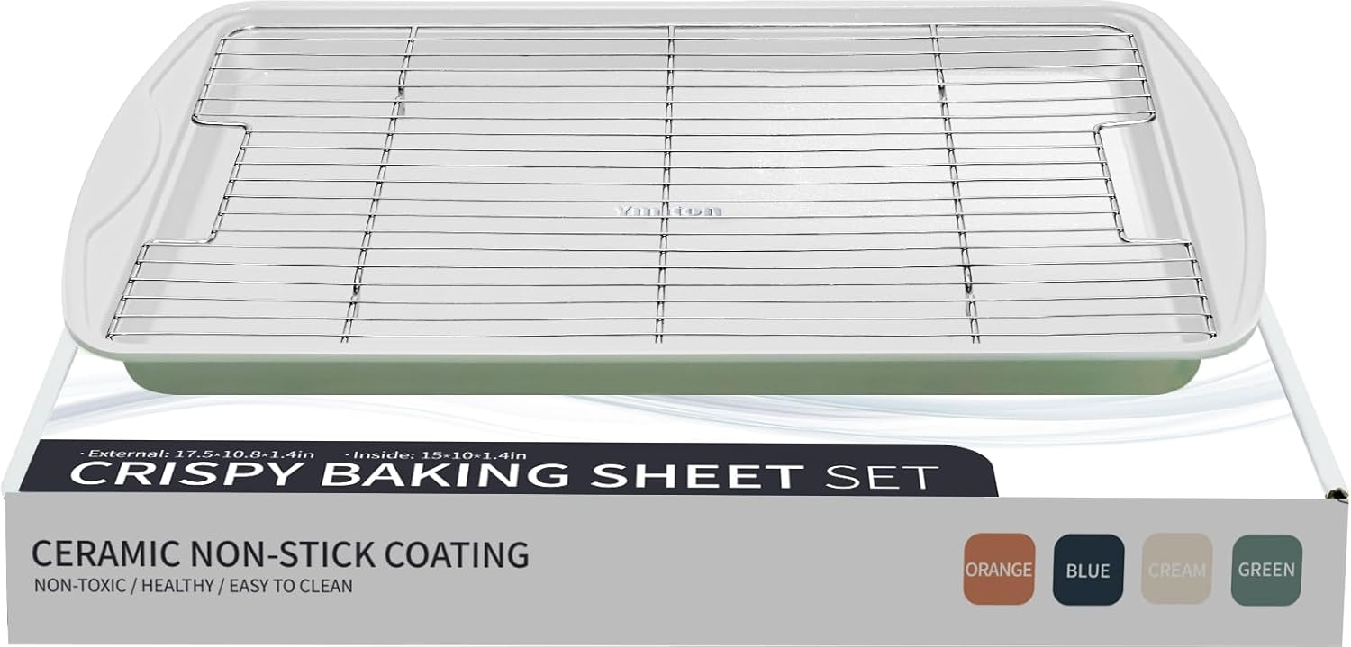 Nonstick Crisp Baking Tray - Ceramic Coating Jelly Roll Cookie Sheet Pan | 15x10, PTFE & PFOA Free, Oven Safe 550°F, Dishwasher Safe, Aluminized Steel, Pistachio Green