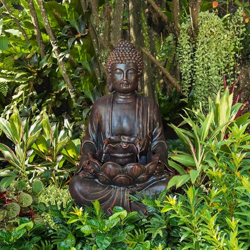 Meditating Buddha Garden Fountain with LED Light, 28-inch Polyresin Statue