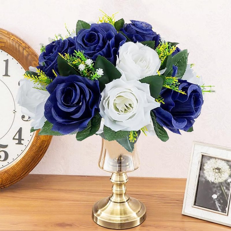QUTUNI 10Pcs Fake Flower Ball Arrangement Bouquet, 9.5" 15 Heads Plastic Roses with Base,Suitable for Parties Valentine's Day Wedding Centerpiece Flower Rack and Home Décor (Navy Blue & White)