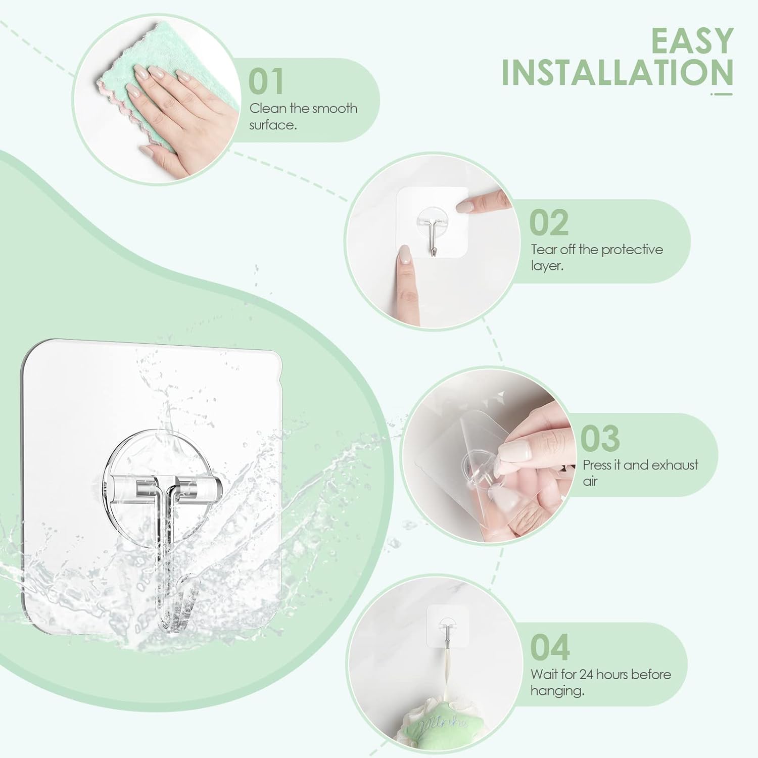 Skiennix Wall Hooks - Clear Removable Stainless Steel Adhesive Hooks | 10 Pack, 13 lb Capacity for Shower & Kitchen