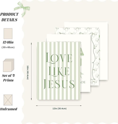 LARTSFRO Coquette Wall Art Decor - Sage Green Bow Posters | Inspirational Bible Verses | 12x16 Inch Set of 4 Unframed