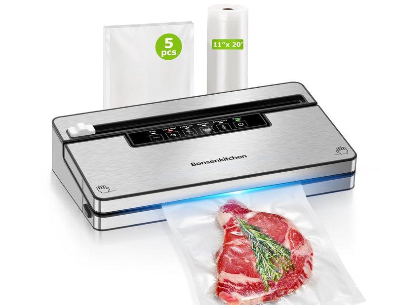 Bonsenkitchen Vacuum Sealer Machine, Stainless Steel Food Sealer Vacuum Sealers with 100 Bags & 1 Roll Bag, 5 Food Vacuum Modes, Built-in Cutter & Bag Storage, Silver-Black