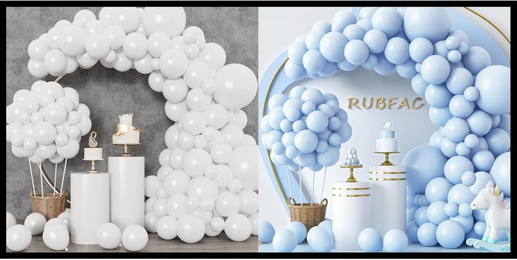 RUBFAC 129-Piece Balloon Set - White & Pastel Blue Latex Balloons for Birthday Party & Baby Shower Decor