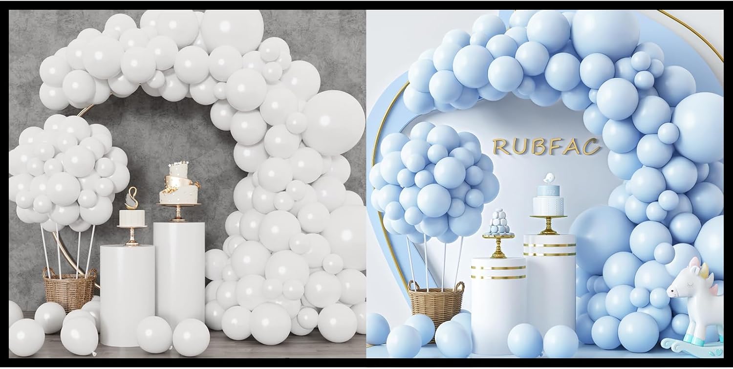 RUBFAC 129-Piece Balloon Set - White & Pastel Blue Latex Balloons for Birthday Party & Baby Shower Decor