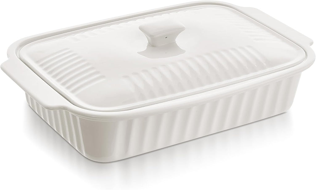 Regine Switzerland Large Baking Dish - 5.5 Quart Ceramic Lasagna Pan with Lid | Dishwasher & Microwave Safe, White