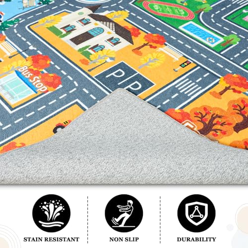 Kids City Road Play Mat - 4' x 5' Non-Slip Washable Toy Car Track Rug