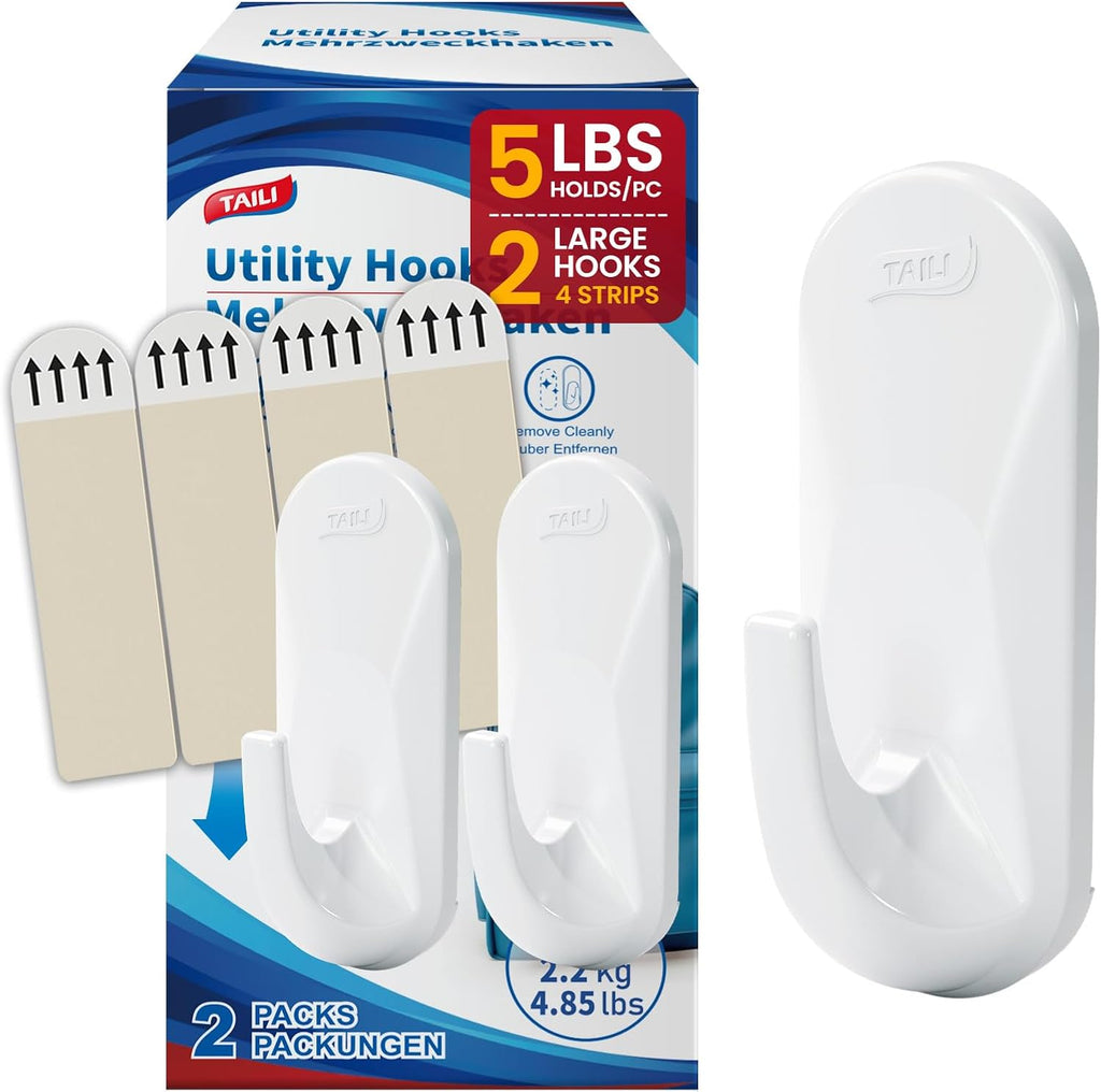 TAILI Heavy-Duty Sticky Hooks - Removable & Reusable Utility Hooks for Painted Walls | White, 5 lb Capacity