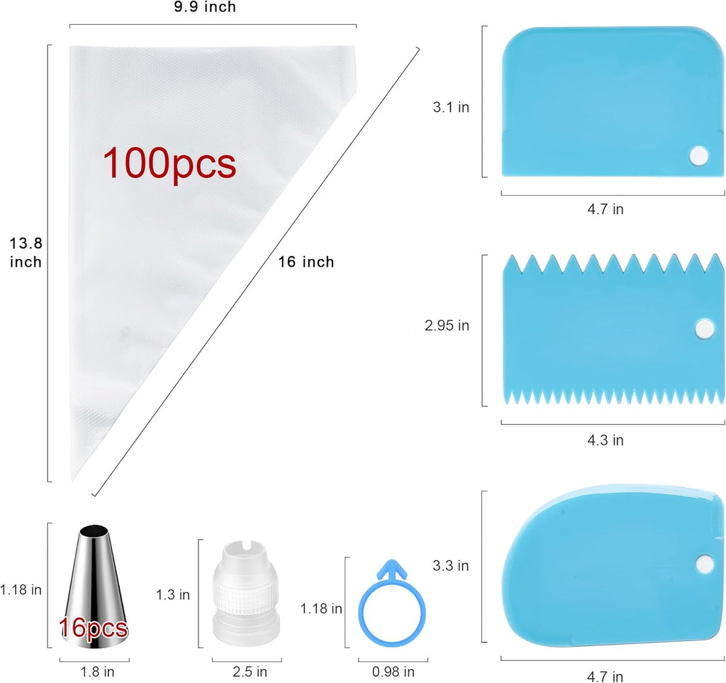 Skiennix Piping Bags and Tips Set - 100pcs 16 Inch Pastry Bags with 16 Tips, Scrapers & Couplers
