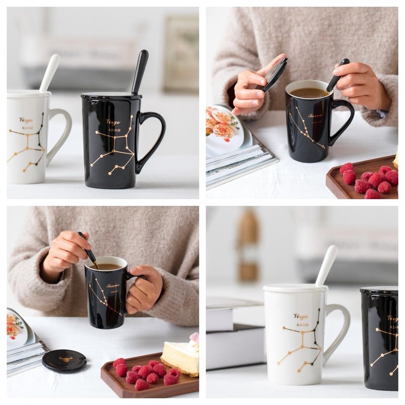 FULLCCI Virgo Birthday Gifts for Women 15oz Ceramic Coffee Mug with Lid Spoon Coaster Astrology Mugs Upgrade Porcelain Tea Cup Virgo Gifts (Black-Gold)