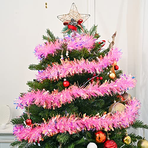 20ft Pink Iridescent Christmas Tinsel Garland with Star Accents