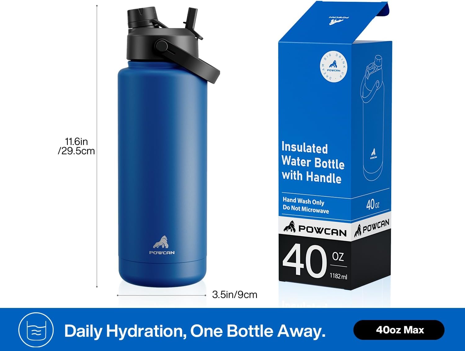 POWCAN 40 oz Insulated Water Bottle - 2-in-1 Straw & Spout Lid, Leak-Proof, BPA-Free | Pacific Ocean Color