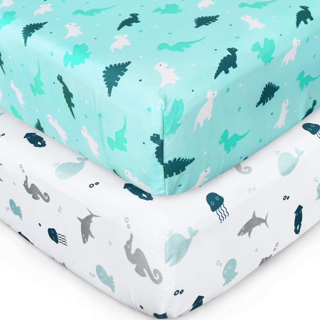 Skiennix Crib Sheets - Soft & Breathable Fitted 2-Pack for Standard Crib & Toddler Mattress | Dinosaurs & Ocean Design, 52'' x 28''