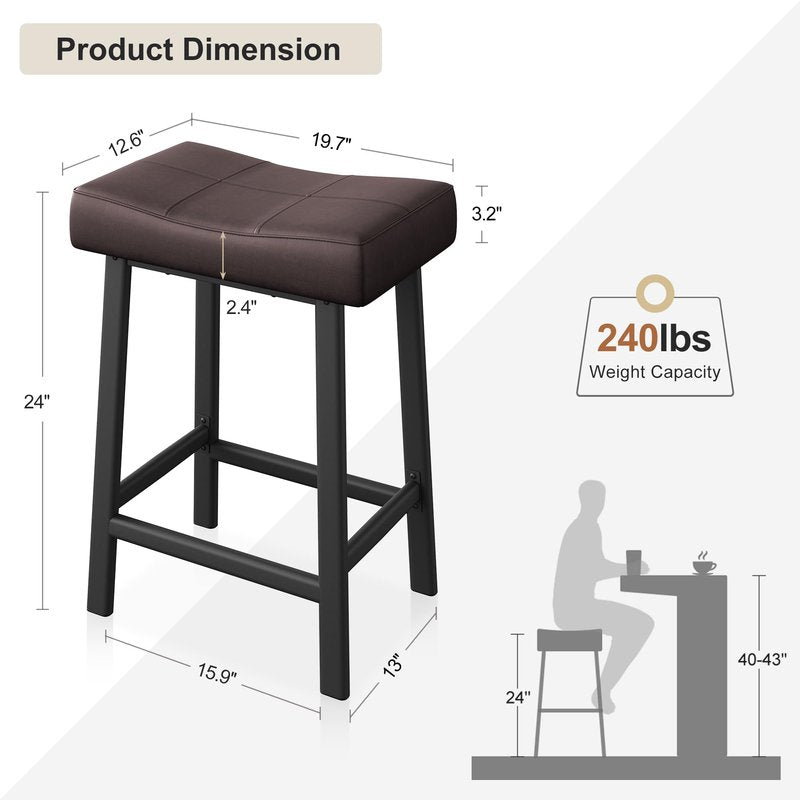 IDEALHOUSE 24 Inch Backless Saddle Barstools Set of 2, Counter Height Upholstered Padded Barstools with Curved Surface, Metal Leg and Footrest, for Kitchen Counter, Home Bar (Brown, 24 inch-Set of 2)