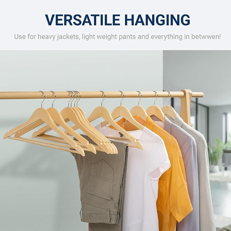 Natural Wooden Coat Hangers 30 Pack, Heavy Duty Wood Suit Hangers with Non-Slip Pants Bar