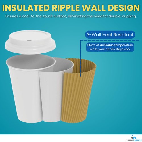 1InTheHome Disposable Coffee Cups with Lids, Paper Cups 10 oz, Insulated Ripple Wall, 50 Pack